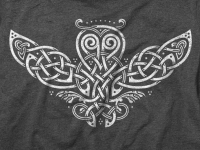 an owl with celtic designs on it's chest is shown in black and white