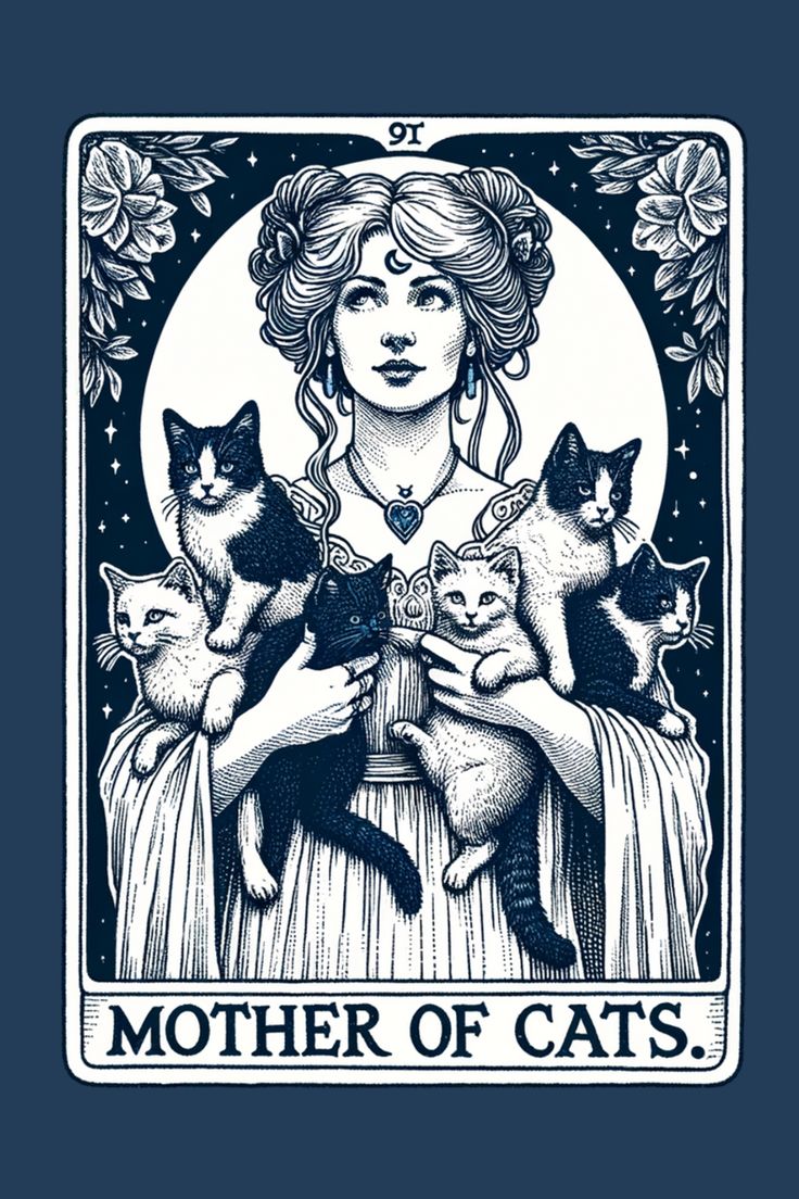 the mother of cats tarot card with an image of a woman holding four cats