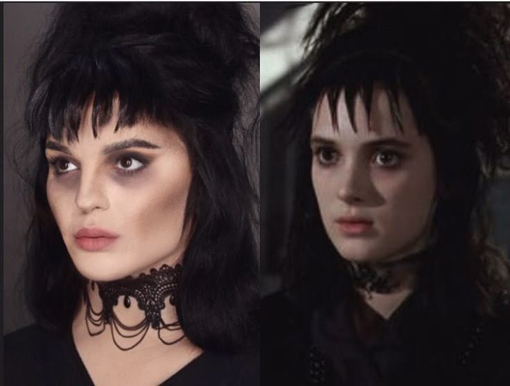 two different pictures of the same woman with black hair and make - up on her face