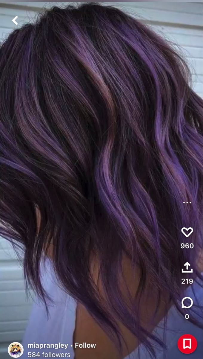 Violet With Blonde Highlights, Purple Peekaboo Balayage, Brunette Vivid Hair, Dark Brown Hair With Purple Streaks, Dark Brown Hair With Blonde And Purple Highlights, Dark Hair With Vivid Color, Purple Highlights Brown Hair Peekaboo, Lilac Highlights Brown Hair, Purple Lowlights In Brown Hair