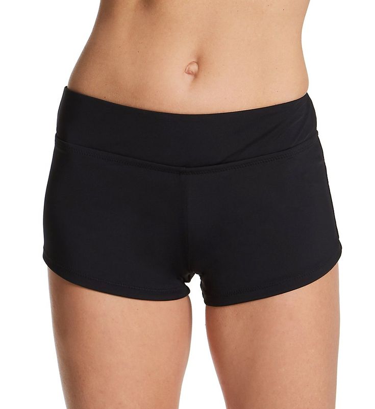 Get a little more coverage out of your swimwear with this mid-rise short swim bottom. Two-ply waistband provides secure fit. Microfiber knit provides long-lasting, comfortable wear. Center back seam keeps fit close. Turned and stitched hems. Mid-rise. Moderate rear coverage. Inner waist has fabric/care info tag. Fitted. Fully lined, with no additional lining at crotch. Leilani Women's Solids Beach Short Swim Bottom in Black | Plus Size 16 | HerRoom.com Casual Sports Tankini With Built-in Shorts, Casual Black Swim Skirt For Pool, Casual Stretch Tankini For Swimming, Black Swimwear With Elastic Waistband Short Length, Casual Short Tankini For Poolside, Casual Short Length Tankini For Poolside, Casual Moisture-wicking Tankini For Poolside, Sporty Short Length Tankini For Vacation, Fitted Athleisure Shorts For Pool