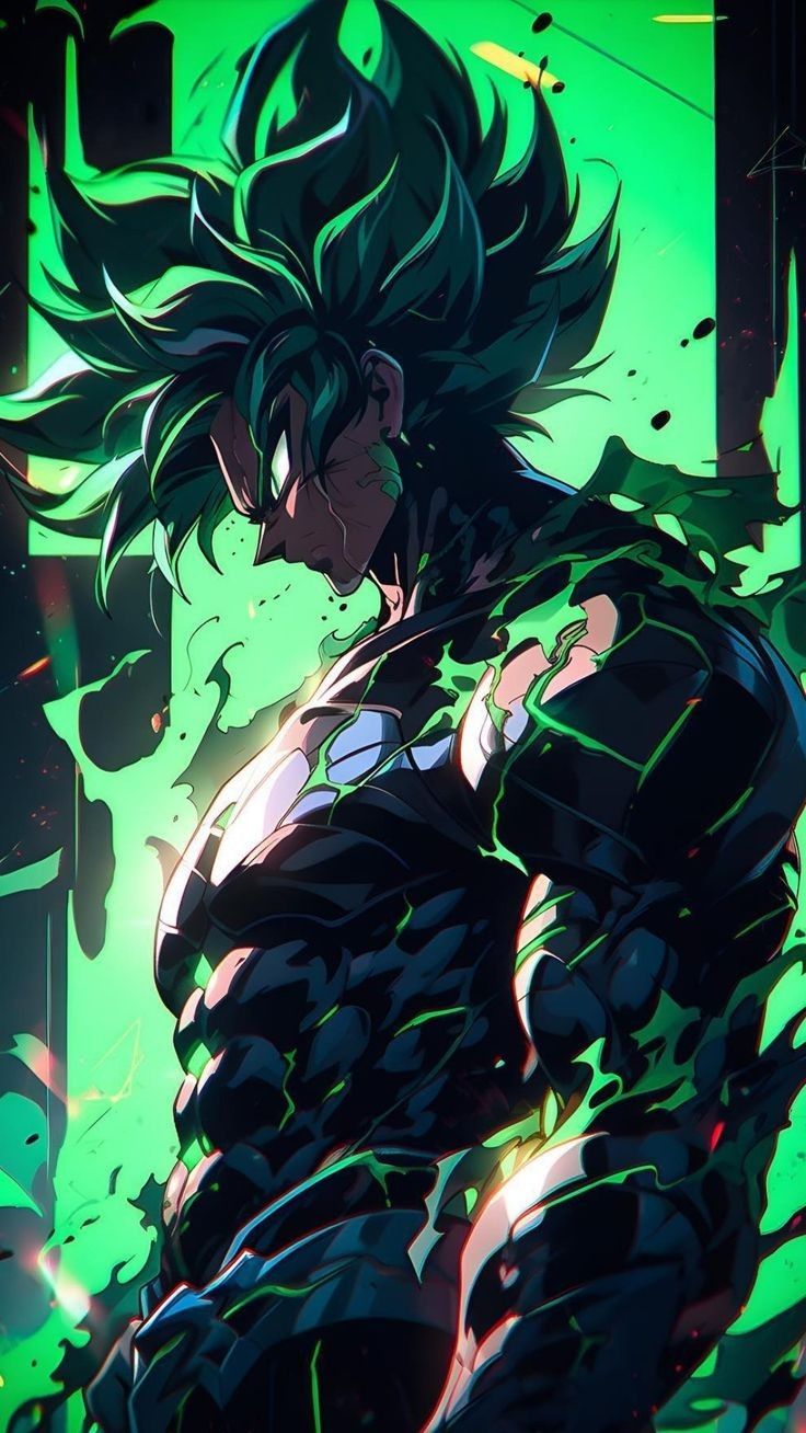 an anime character with black hair and green eyes standing in front of a dark background