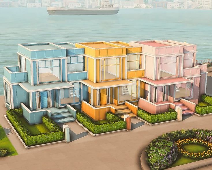 an artist's rendering of a multi - family house on the water with a cruise ship in the background