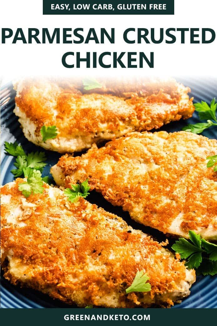 an advertisement for parmesan crusted chicken on a blue plate with parsley