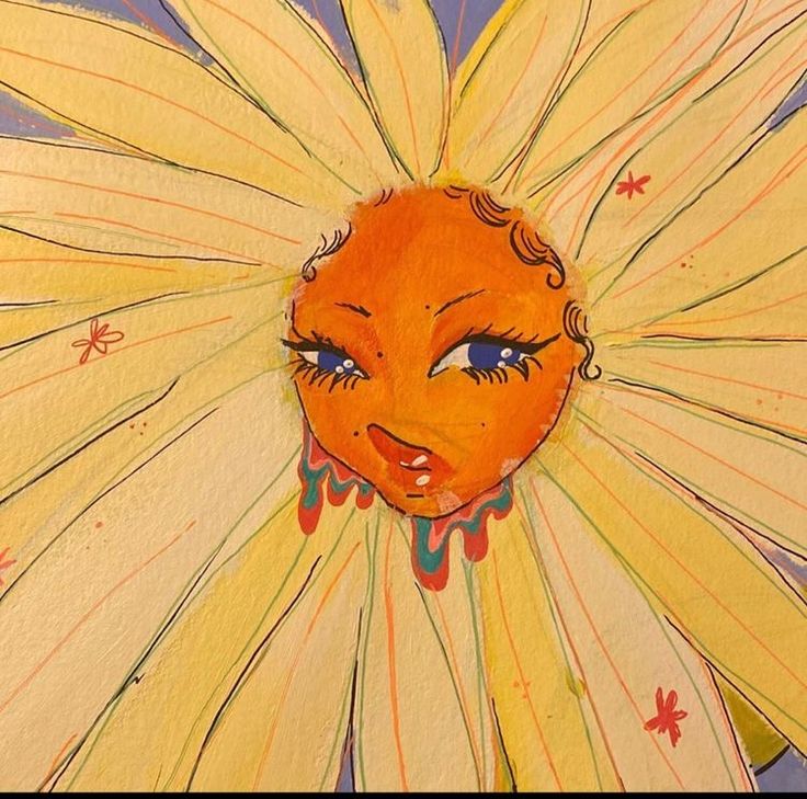 a painting of a sunflower with blue eyes and yellow petals on it's face