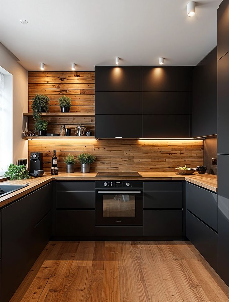 Sleek Dark Kitchen Vibes Basement Ideas Kitchen, Dark And Light Wood Interior, Black Kitchen Cabinets Wood Countertops, Black And Wood Interior Design, Wood And Black Kitchen, Black And Oak Kitchen, Black Walls Kitchen, Black And Wood Interior, Black And Wood Kitchen