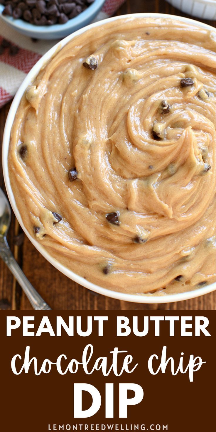 peanut butter chocolate chip dip in a white bowl