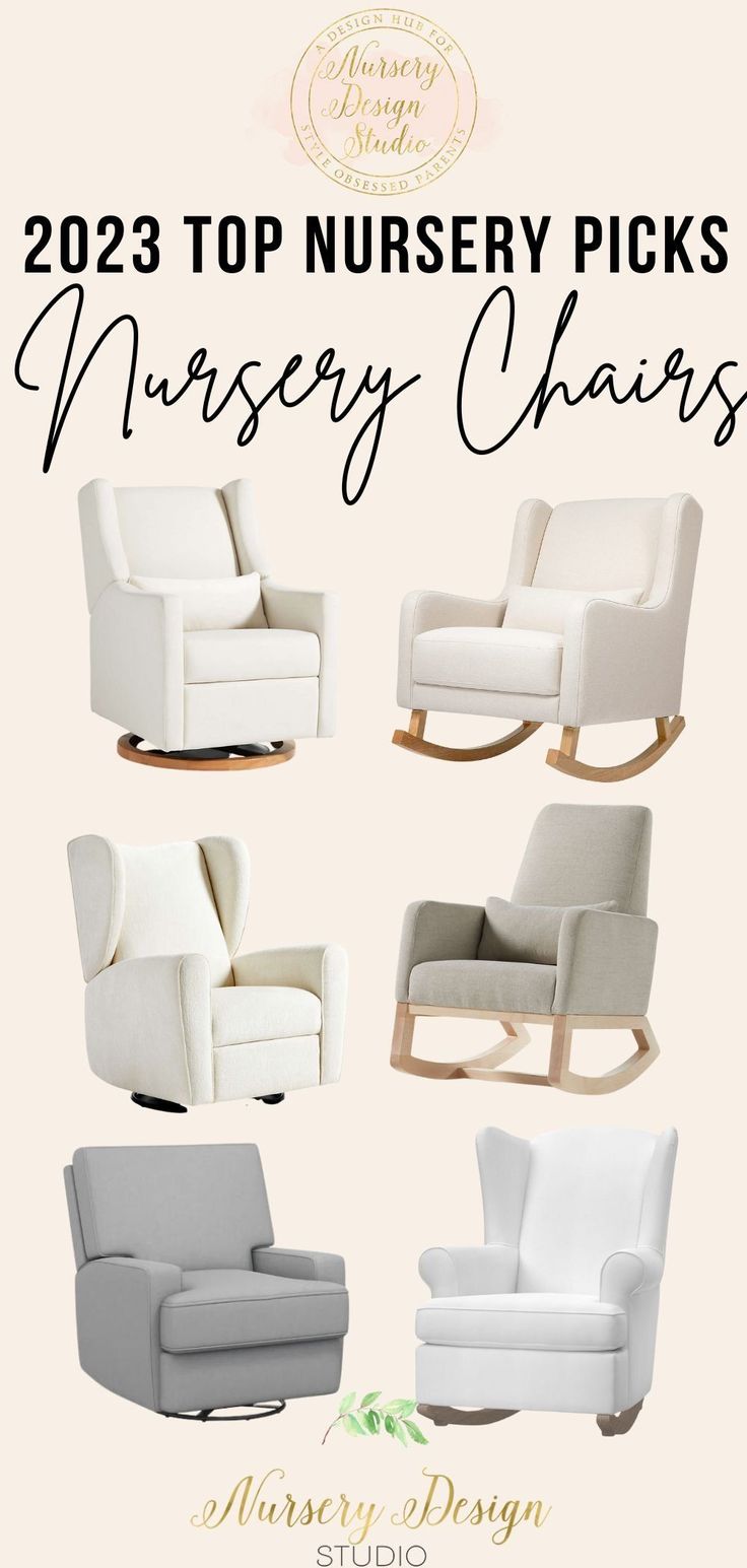 the nursery chair is white and has four different chairs in it, including one with a rocking