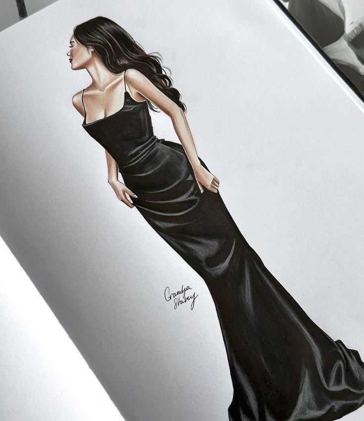 a drawing of a woman in a long black dress with her hand on her hip