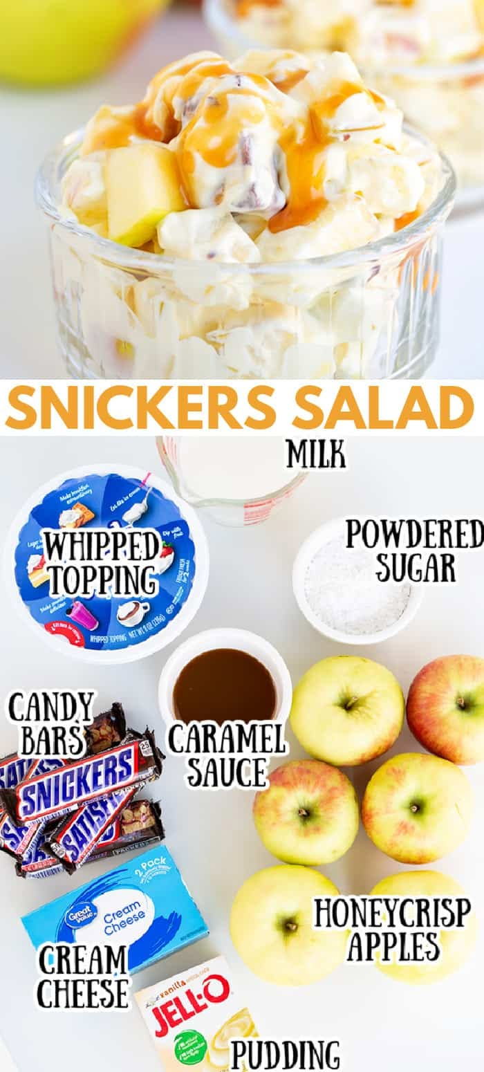 the ingredients to make an apple salad are shown in this image, including apples, caramel sauce, candy bars, and whipped cream