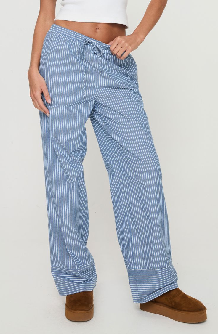 A low-rise drawstring waist tops these cute striped pants cut from a soft cotton blend in a straight-leg silhouette. Elastic/drawstring waist 80% cotton, 20% polyester Machine wash, tumble dry Imported Casual Cotton Pajama Party Pants, Casual Cotton Pants For Pajama Party, Striped Straight Leg Bottoms With Elastic Waistband, Casual Pinstripe Wide-leg Bottoms, Casual Pinstripe Wide Leg Bottoms, Cotton Straight Leg Pajama Bottoms, Cotton Straight Leg Pajama Party Bottoms, Straight Leg Cotton Bottoms For Pajama Party, Cotton Straight Leg Bottoms For Pajama Party