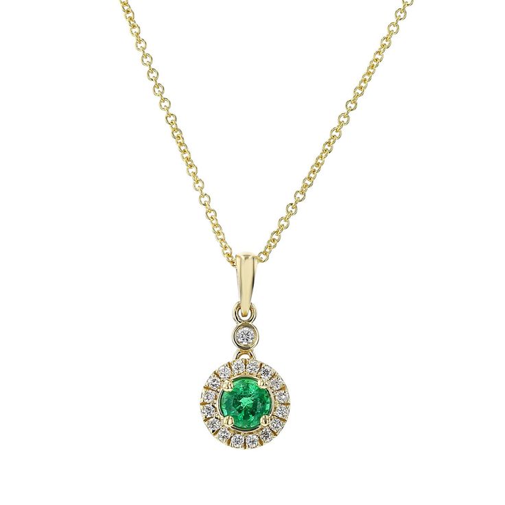 This pendant features 14K yellow gold and showcases a Zambian emerald and diamond, with the primary color being green and the secondary color being G-H. Part of the Schiffman's Exclusive Ben collection, the total carat weight of this piece is 0.17. Emerald Necklace In Brilliant Cut, Green Brilliant Cut Necklace For May Birthstone, Green Diamond Necklace In Fine Jewelry Style, Classic Green Diamond Pendant Necklace, Green Emerald Diamond Necklace For May Birthstone, Green Pendant Diamond Necklace In Classic Style, Classic Green Pendant Diamond Necklace, May Birthstone Yellow Gold Diamond Necklace, Green Diamond Necklace With Halo Setting