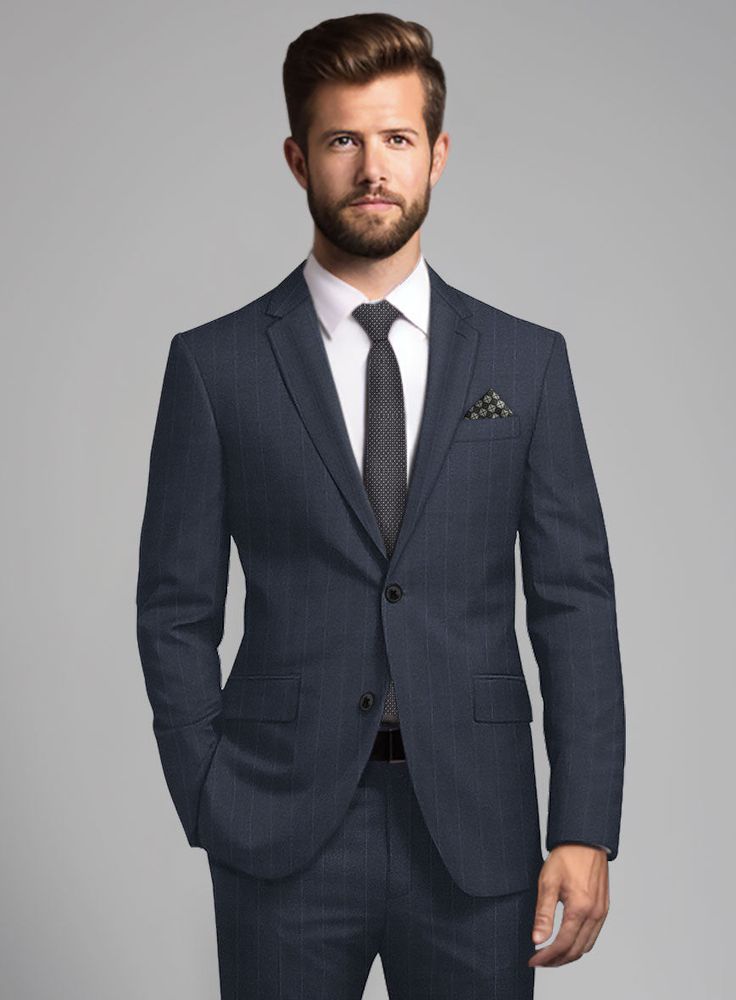 Portray your classy individuality in the workplace or on elite occasions with our Loro Piana Alberto Wool Suit that makes you look exclusive. Crafted from pure wool, our suit has beautiful stripes with a dapper texture that symbolizes the royal status of professionalism and style. Capture the essence of perfection in your appearance by choosing this stunning blue suit as a distinctive upgrade to your formal look.   Choice of the Elite, Loro Piana is owned by LVMH Moët Hennessy Louis Vuitton SE, Classic Pinstripe Blazer For Office Wear, Classic Pinstripe Blazer For Semi-formal Occasions, Classic Pinstripe Blazer For Business, Business Suit Sets With Pressed Crease, Pinstripe Suit With Suit Collar For Office Wear, Dapper Tailored Tuxedo For Work, Classic Tuxedo For Office Wear, Classic Pinstripe Suits For Office Wear, Suits With Welt Pockets In Suiting Fabric