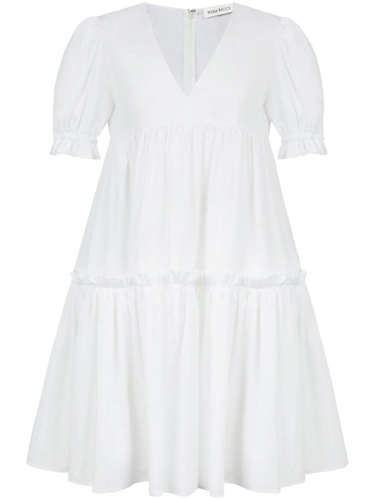 white cotton poplin texture tiered skirt ruffled detailing pleat detailing V-neck concealed rear fastening short puff sleeves knee-length Nina Ricci Dress, Poplin Dress, Vestido Casual, Tier Skirt, Tiered Skirt, Cotton Poplin, Puff Sleeves, White Cotton, Day Dresses