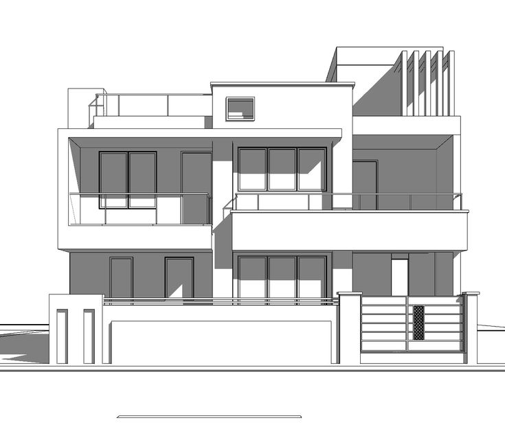 an architectural drawing of a modern house with balconies and windows on the second floor