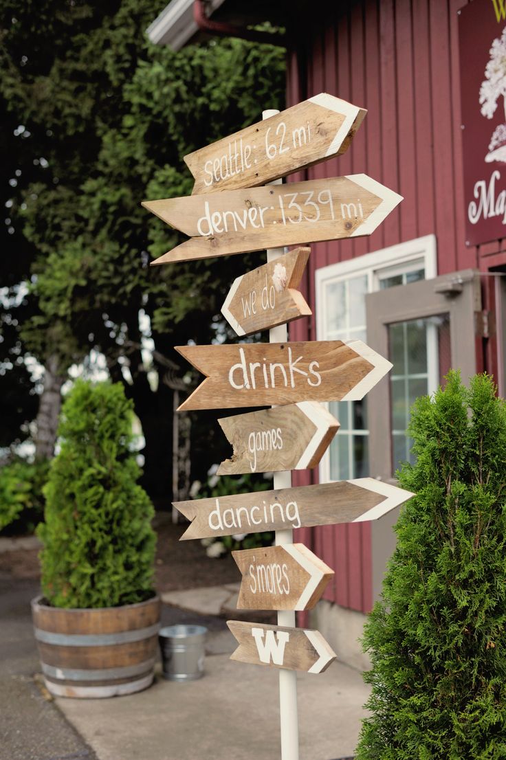 a wooden sign pointing to different places in front of a building with trees and bushes