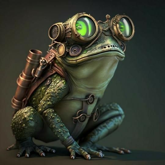 a frog with goggles on its head and eyes is sitting in front of a dark background