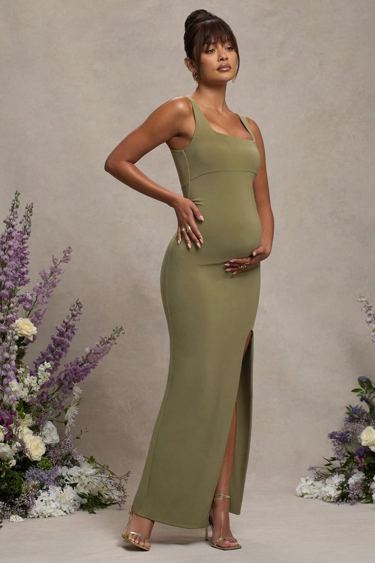 Olive Fitted Maxi Dress, Green Maternity Maxi Dress, Fitted Green Maxi Dress For Maternity Wear, Green Maxi Length Maternity Dress, Fitted Sleeveless Maternity Maxi Dress, Maternity Stretch Maxi Dress, Stretch Maternity Maxi Dress, Stretch Maxi Dress For Maternity Wear, Dress With Split