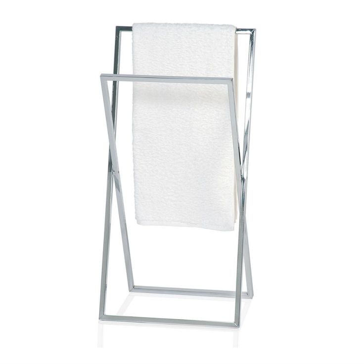 a towel rack with two white towels hanging from it's sides on a white background