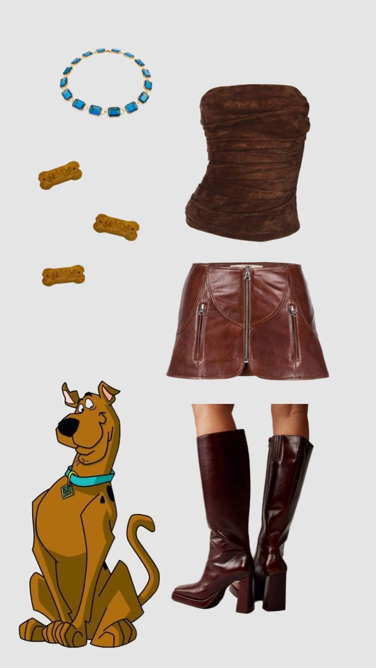 the scooby girl costume is shown with her dog and boots, including a brown skirt