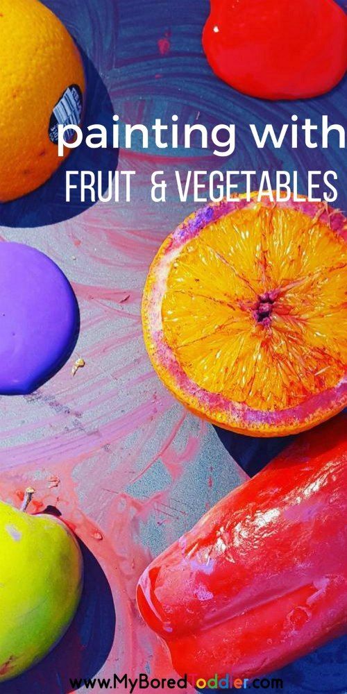 an assortment of fruits and vegetables painted in bright colors with text overlay reading painting with fruit & vegetables