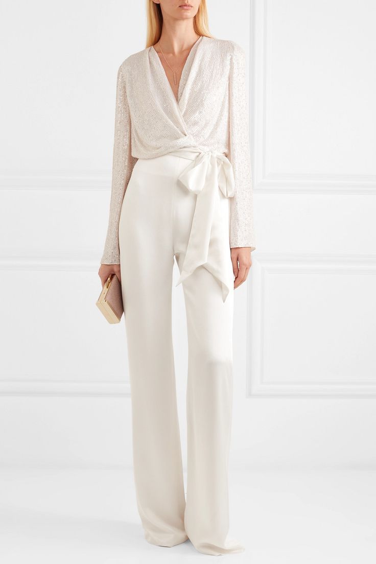 Ivory Penelope satin-trimmed sequined silk-chiffon wrap top | Jenny Packham | NET-A-PORTER Monochromatic Dressing, Chiffon Wrap Top, Low Cut Bra, Top Net, Chiffon Wrap, Jenny Packham, Wrap Blouse, Ladies Dress Design, White Pants