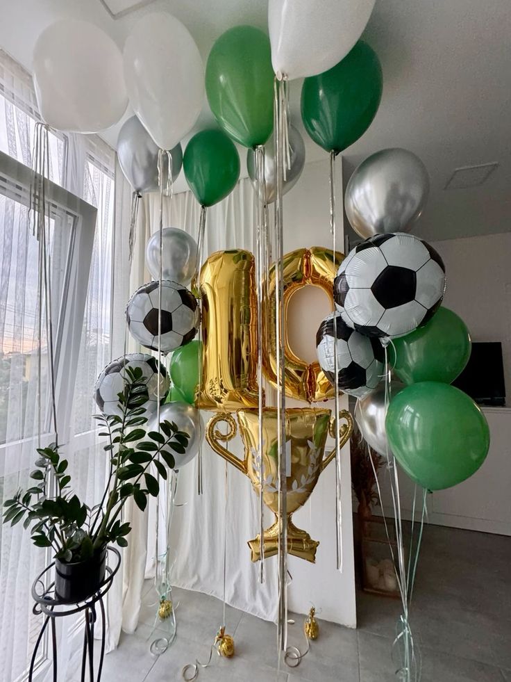 balloons and soccer balls are hanging from the ceiling