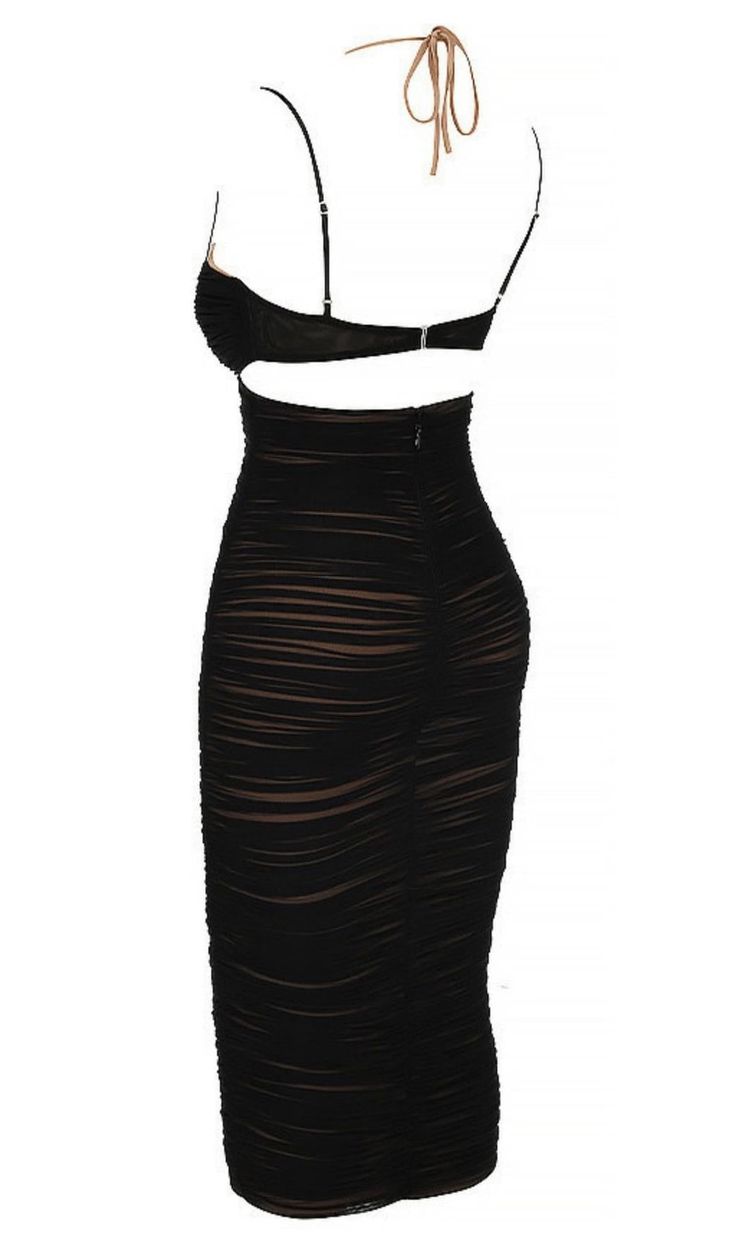 BLACK CUTOUT RUCHED MIDI DRESSDescription:This ultra-luxe creation is crafted from a delicate and slightly sheer soft mesh, giving it a stylish and alluring look. The dress is lined in our special power mesh in a nude tone, providing modest coverage and cinching the figure from within. It feels like built-in shapewear, hugging your curves in all the right places and creating the perfect silhouette.The dress features a unique style with the illusion of separates, thanks to the plunging sweetheart neckline designed with a triangle. The bikini-like silhouette fastens to the back, revealing an open back for a sexy touch. The softly lined cups are padded for extra support and have an inner nude cup with straps to tie as a halter neck. The adjustable shoulder straps allow you to tweak the fit to Mesh Bodycon Dress, Ruched Midi Dress, Plus Size Shopping, Bodycon Midi, Cutout Dress, Ruched Dress, Midi Dress Bodycon, Bandage Dress, Corset Dress