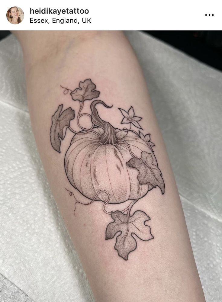 a black and white photo of a pumpkin with leaves on it's side arm