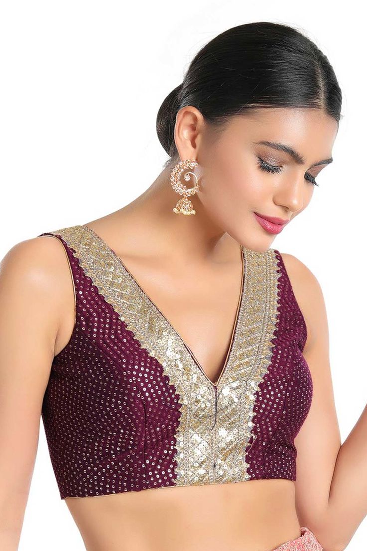 Buy Wine Jain Silk  Sequin Blouse Online Sleeveless Blouse Saree, Princess Cut Blouse, Sequence Blouse, Color Blouse, Readymade Saree, Sequin Blouse, Silk Saree Blouse, Lehenga Blouse, Woman Wine