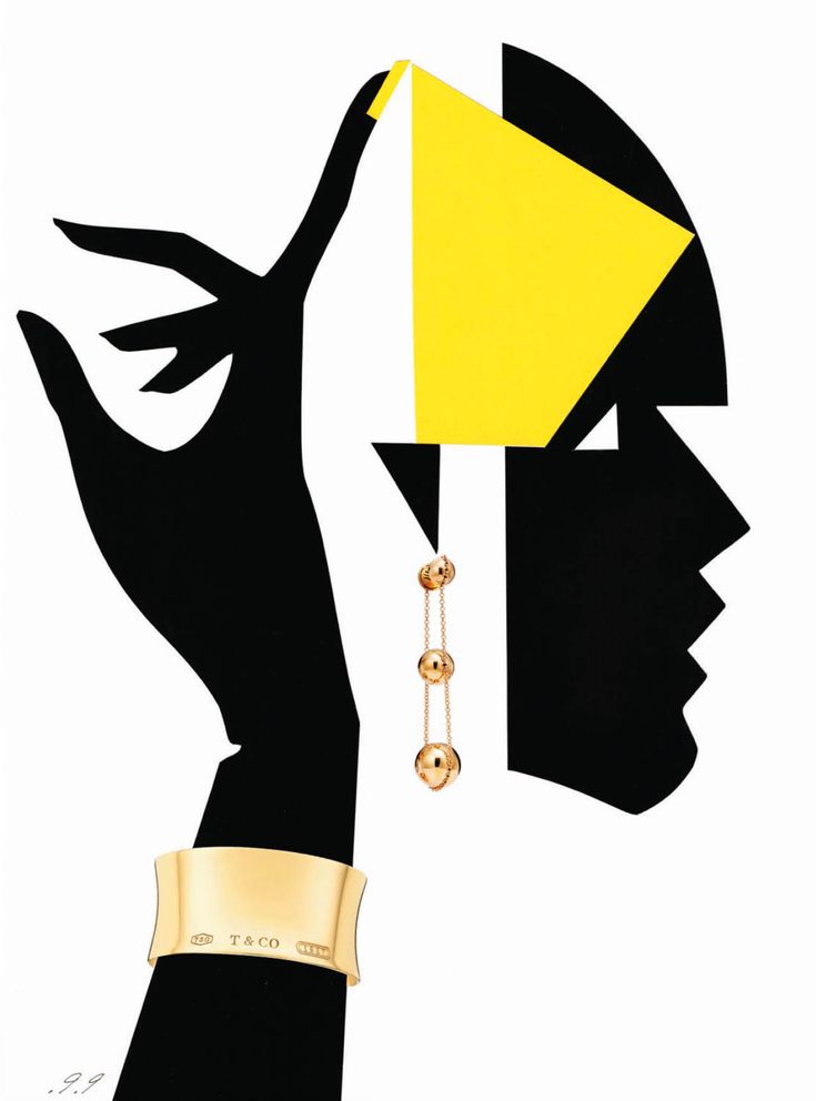 a woman's face with a yellow triangle on her head and two bells hanging from it