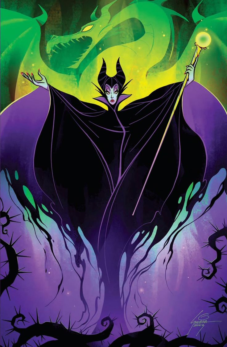 an image of a maleficent character in front of a green and purple background