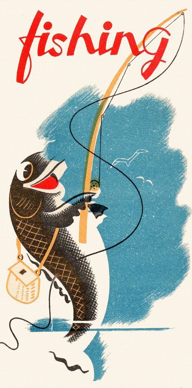 an advertisement for fishing with a cartoon fish holding a fishing pole and catching a fish