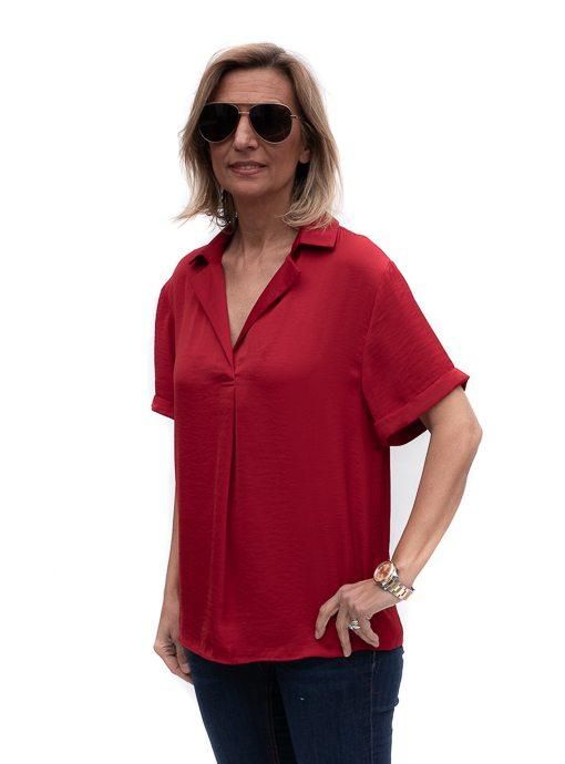 Take a look at our beautiful Ruby Red Notch Collar Short Sleeve Blouse Soft silky fabric Super soft 100% microfiber fabric Color: Ruby Red Semi loose body with short sleeves Notch collar with a pleat detail in the front Back has a yoke and decorative small buttons Center back length is 25" Solid Color Relaxed Fit Short Sleeve Blouse, Solid Color Short Sleeve Relaxed Fit Blouse, Solid Color Short Sleeve Blouse With Relaxed Fit, Relaxed Fit Solid Color Short Sleeve Blouse, Chic Red Blouse With Relaxed Fit, Versatile Red Tops For Summer, Versatile Red Top For Summer, Versatile Red Summer Top, Versatile Short Sleeve Blouse For Summer