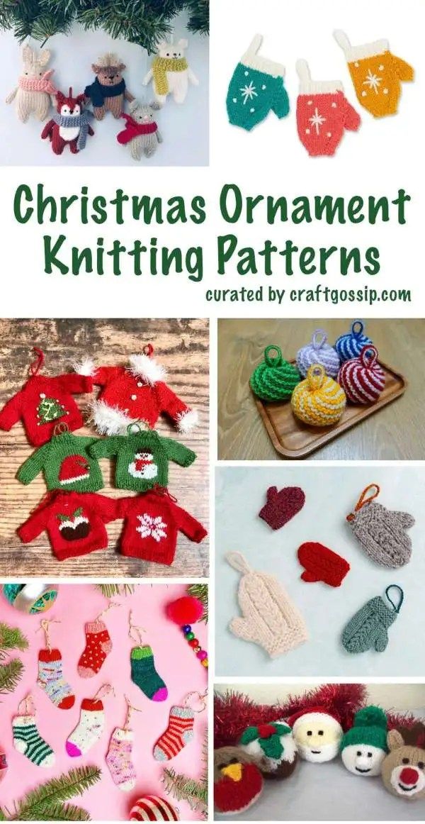 christmas ornament knitting patterns are featured in this collage with text overlay