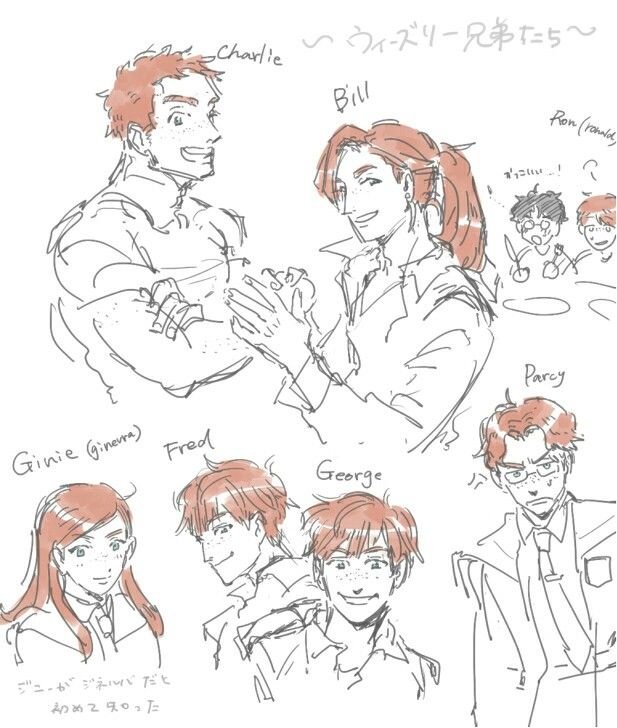 some sketches of people in different poses and hair styles, one with long red hair