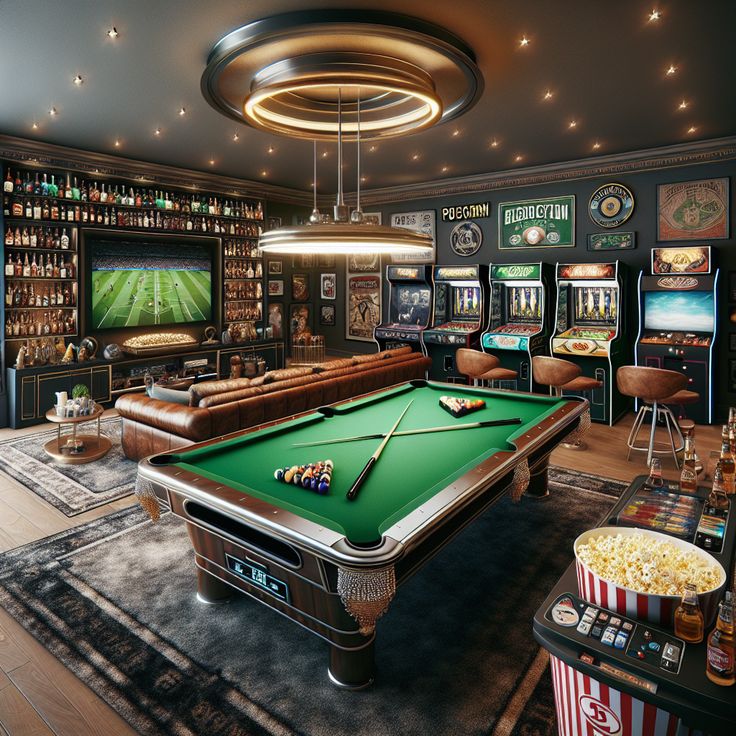 a pool table in the middle of a room with many movies on the walls and other items