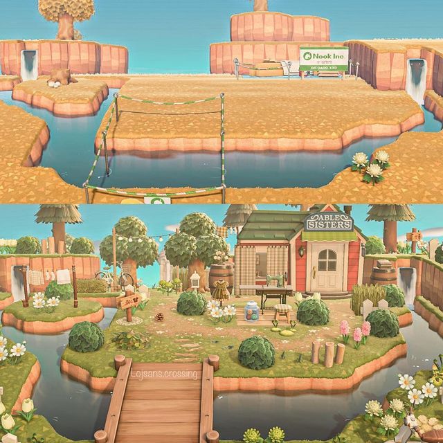 two pictures of the same area in animal crossing, one with a house and another with a bridge