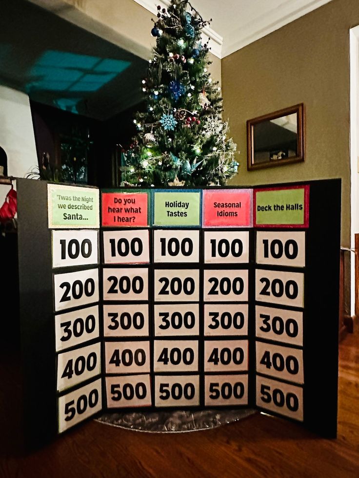 a christmas tree is in the corner of a room with numbered numbers on it and a large display