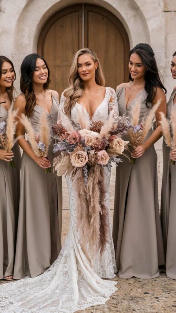 the bride and her bridesmaids pose for a photo in front of an old stone building