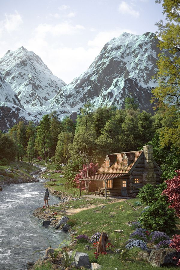 a painting of a cabin in the mountains with a river running between it and a man standing outside