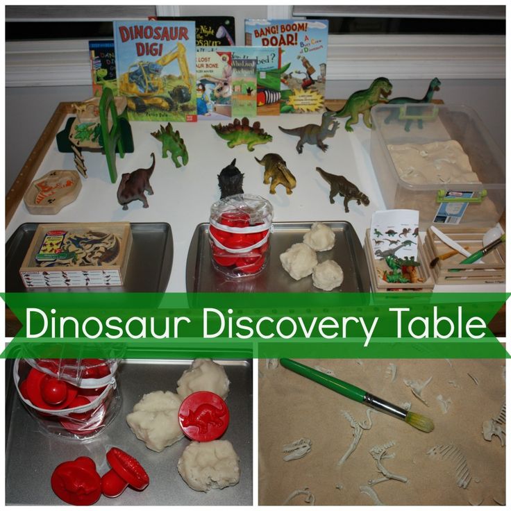 dinosaur discovery table with dinosaurs and other toys