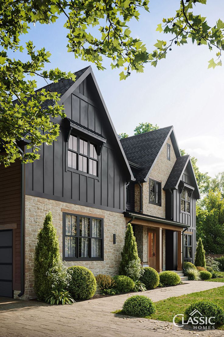 A close up image of a modern farmhouse front exterior in dark brown/black board and batten, stone, and stained wood. Bright sun shining from the upper right corner. Ranch House Exterior Colors, Classic Style House, Dark Exterior House Colors, Living Room Wall Shelves, Room Wall Shelves, Functional Living Room, Board And Batten Exterior, Ranch House Exterior, Classic Homes