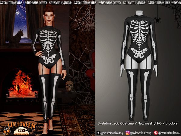 an image of a woman in skeleton costume with stockings on her feet and legs, standing next to a fireplace