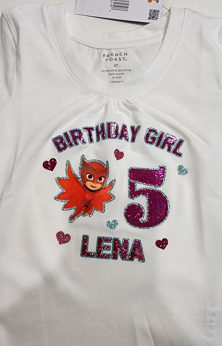 New Happy Birthday custom shirt * CREATE YOUR OWN * Birthday girl * Owlette * PJ Masks * Order yours today! 🔥 * Ships worldwide 🌎.  *Change the color of your shirt!  * If you want different lettering colors just send me a message.* Themed Pink Tops For Birthday, Personalized White Tops For Birthday, Pink Character Print Tops For Birthday, Fun Customizable Tops For Birthday Gift, Customizable Fun Tops For Birthday Gift, Customizable Fun Tops As Birthday Gift, Customizable White Party Tops, Cute Long Sleeve Birthday Shirt, Customizable Cute Tops For Birthday