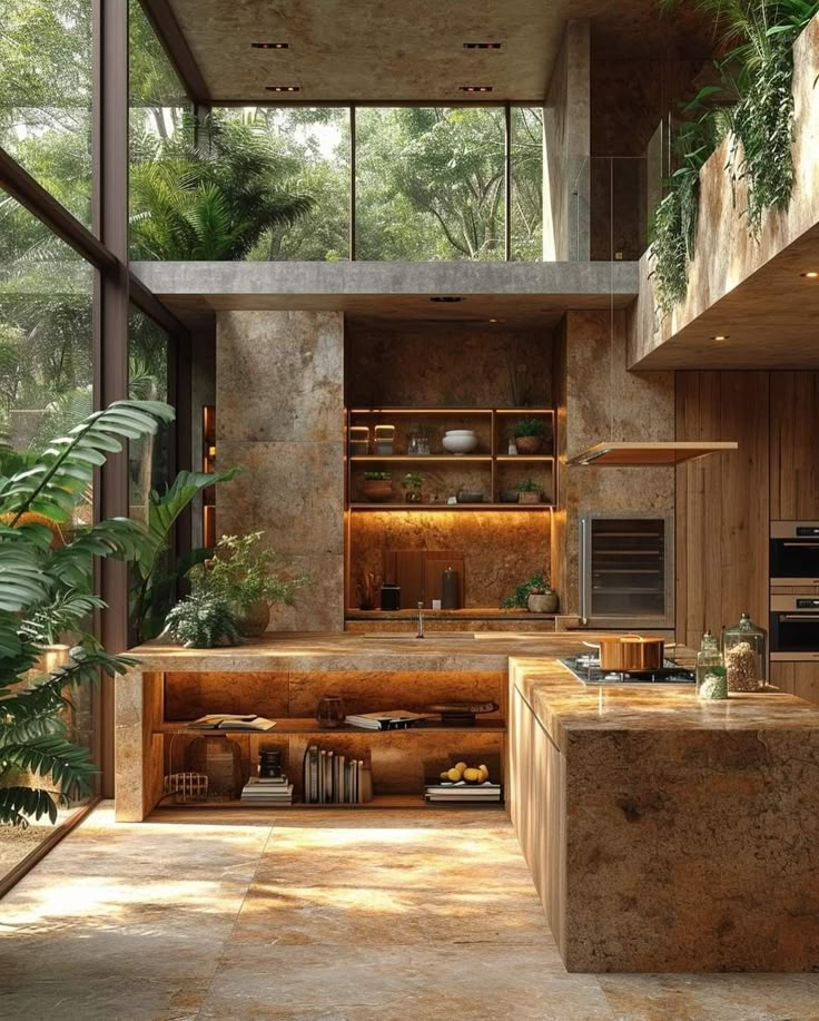 an open kitchen and living room with plants on the counter tops in front of it