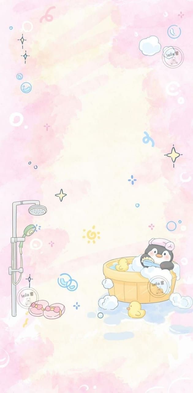 a cartoon penguin taking a bath in a tub with bubbles on the wall behind it