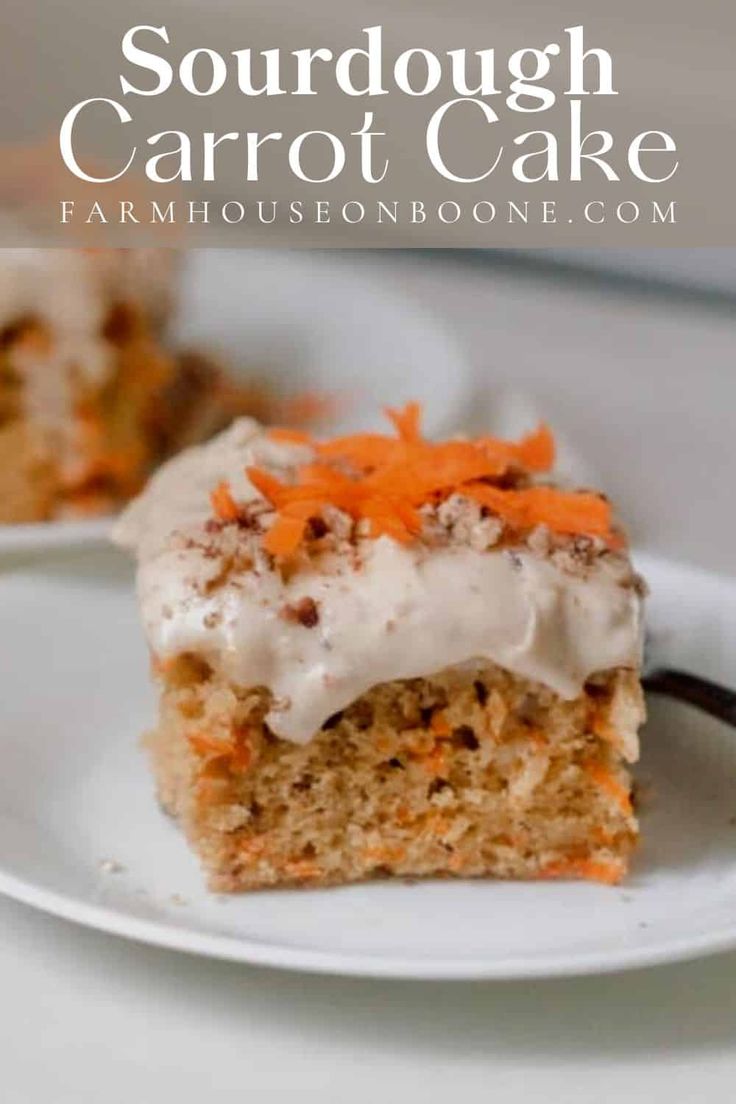 a piece of carrot cake on a white plate with the rest of the cake in the background