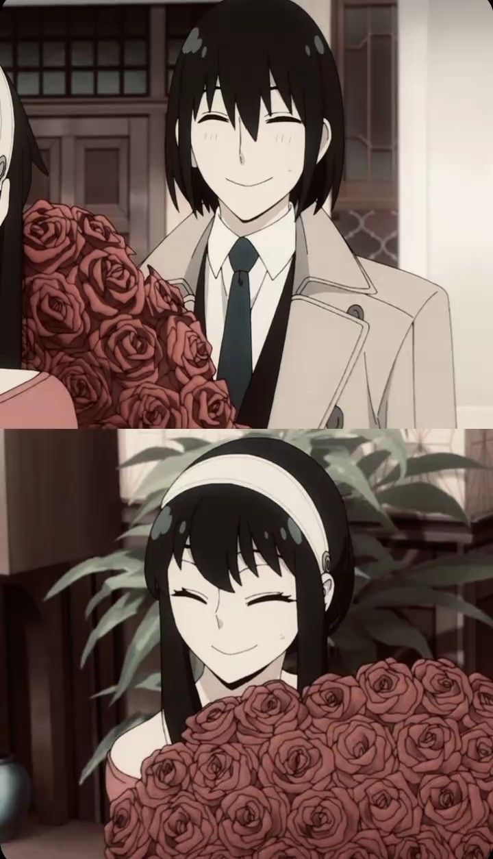 two anime characters with flowers in their hands and one is holding a bouquet of roses