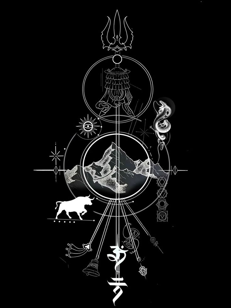 a black and white drawing of a compass with animals, mountains, and other symbols